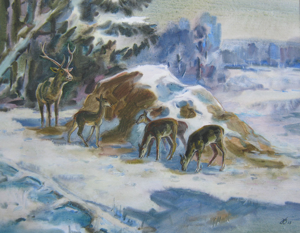 В. Нечепуренко. «Зимовий мотив з оленями». 2013. Папір, акварель